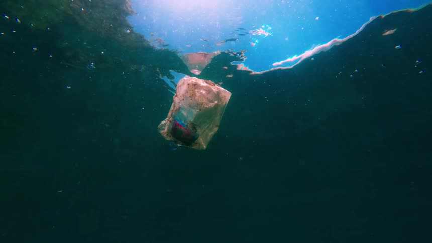 A discarded plastic bag of trash floats just beneath the sunlit surface of murky blue water