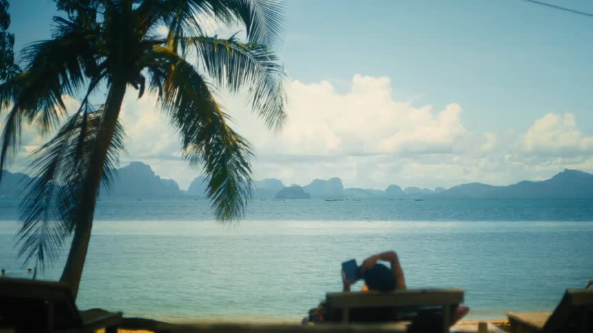 Person lying on a chair next to a tropical tree by the sea