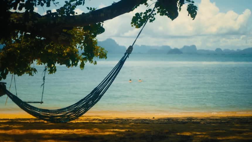 Landscape of a beach with bathers and a hammock hanging from a tropical tree in the foreground
