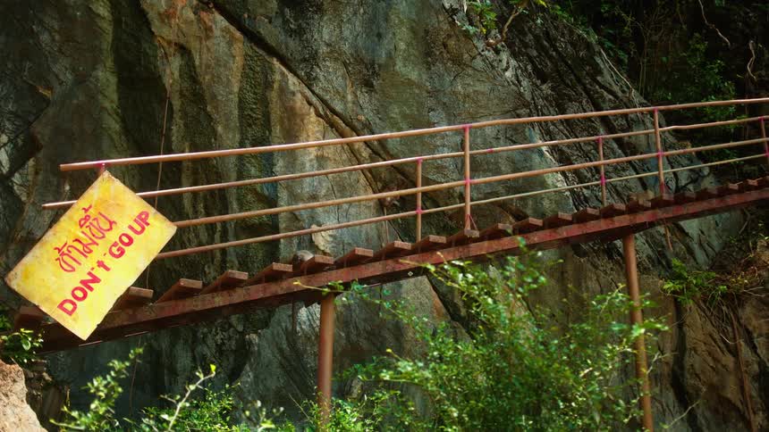 A monkey sits on some stairs that have a sign that reads dont go up