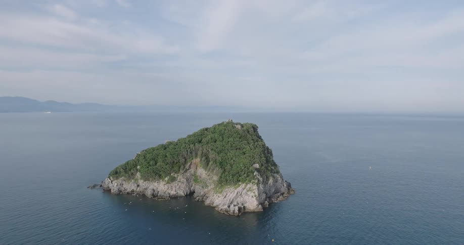 Aerial shot of an island in the middle of the ocean with birds flying around