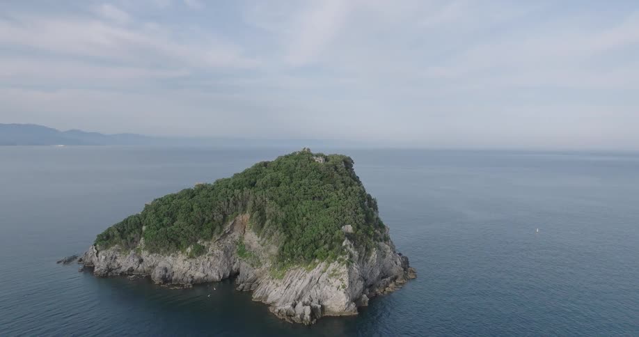 The aerial shot shows a small rocky island covered in lush vegetation surrounded by a calm blue sea under a partly cloudy sky with a building visible on the islands peak