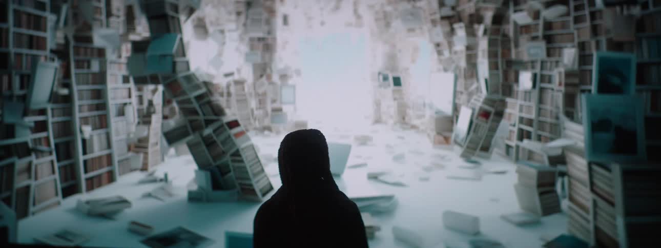 A woman in a place filled with portraits and books standing still and looking around