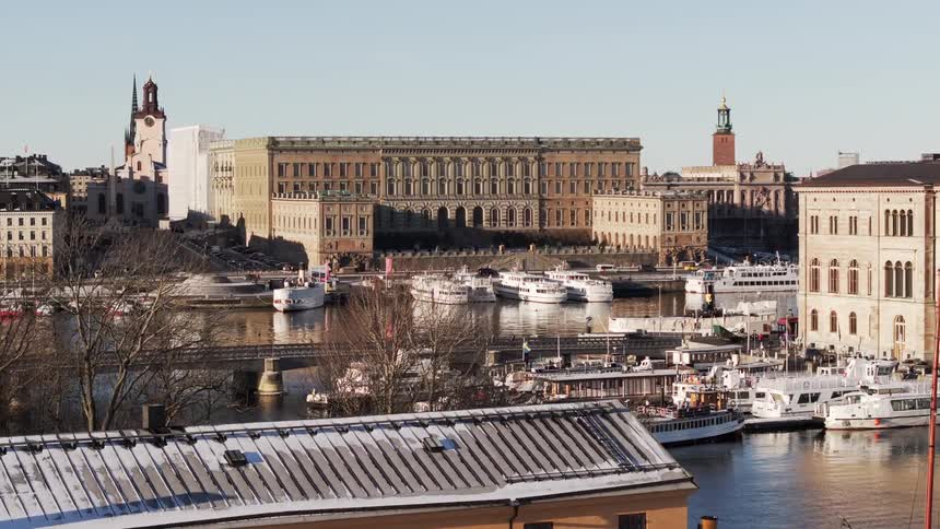 Boats docked at a city bay near bridges as cars drive across the bridges into the city at midday
