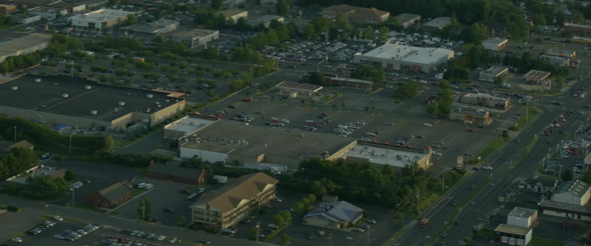 Roads and buildings across several city blocks