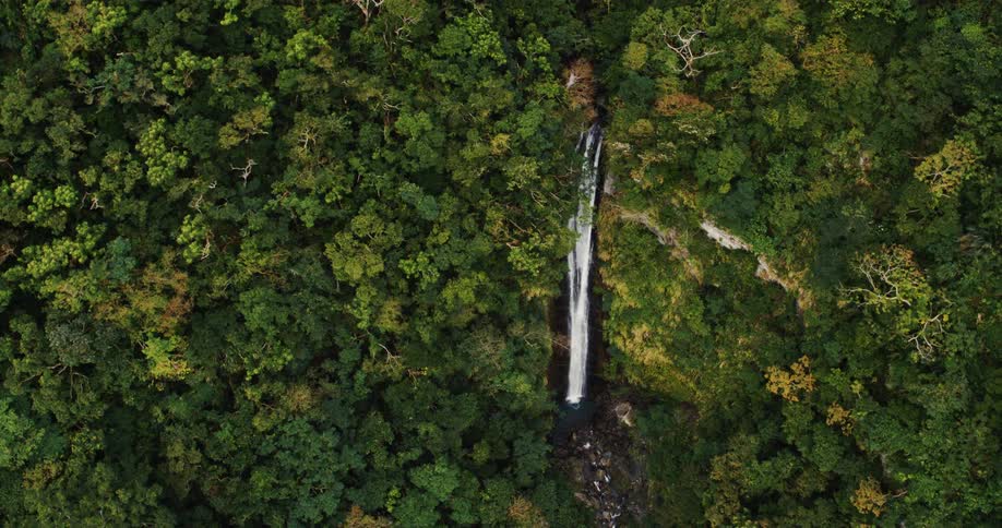 The waterfall pours off the steep cliff
