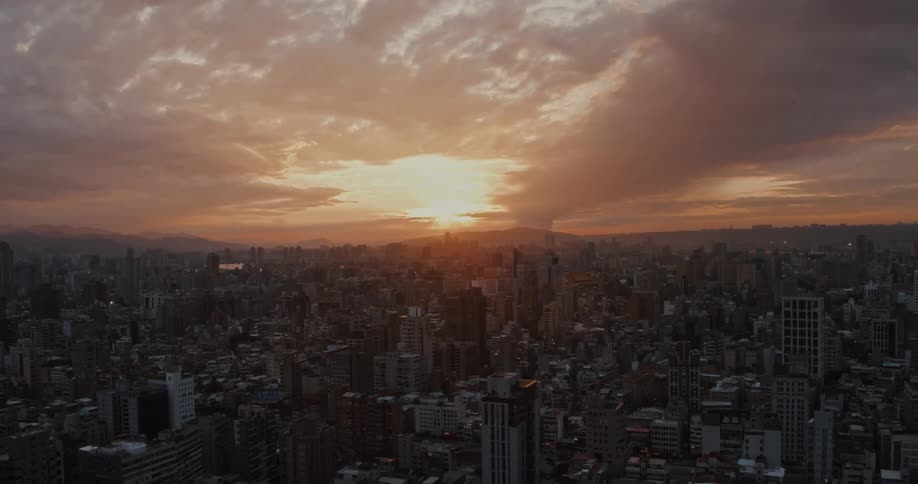 City skyline of a metropolitan area at sunset
