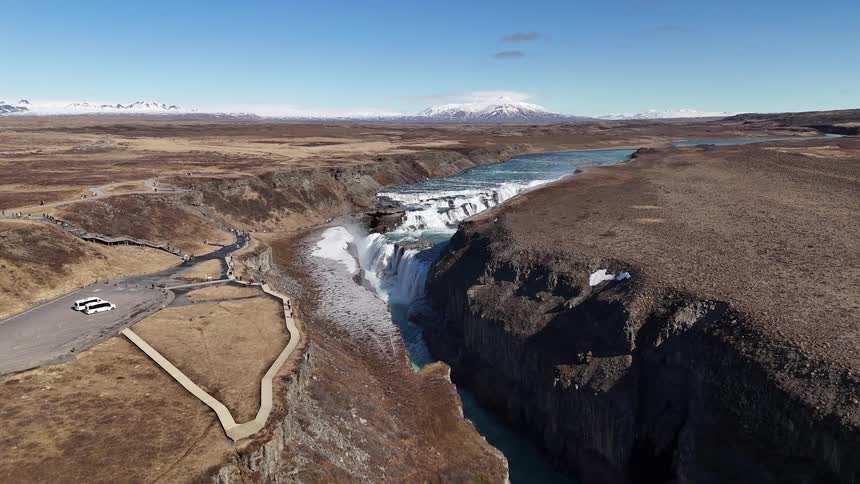 Gullfoss waterfall cascades down a rocky gorge under a clear sky in iceland