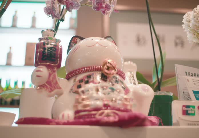 Manekineko doll decorated with oriental symbols