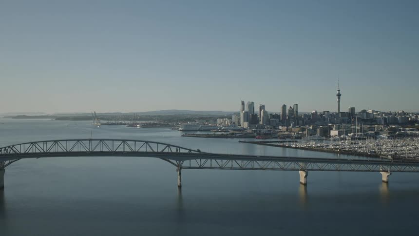 Bridge spans the bay near a marina located on the edge of downtown on a foggy day