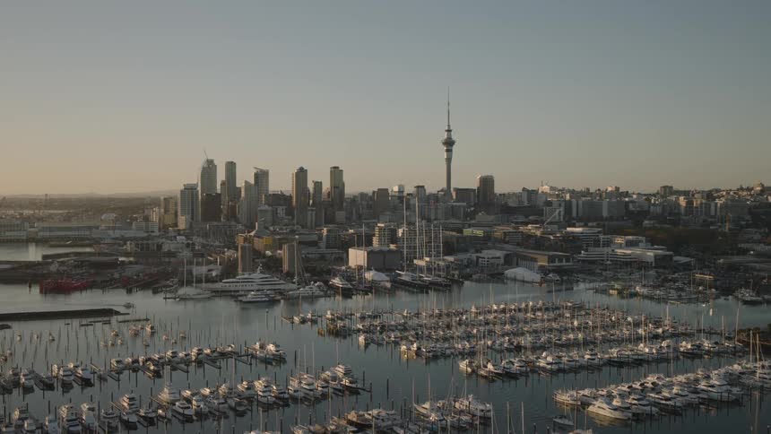 A port with many vessels in a large metropolis with towering buildings