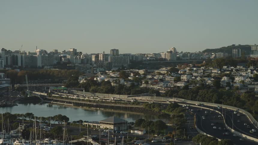 A harbor filled with numerous sailboats rests in the foreground leading to a cityscape with various buildings and a highway bustling with cars under a clear sky