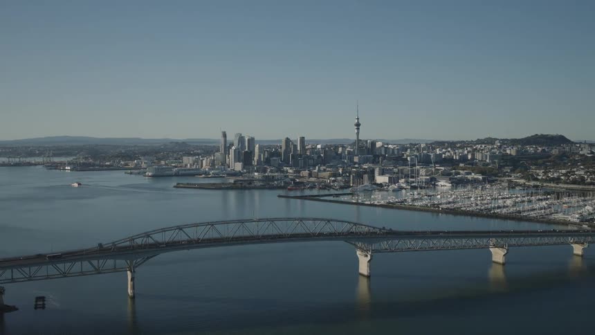 Auckland harbour bridge spans the calm waters leading towards the city skyline dominated by the sky tower with numerous boats docked in a marina to the right