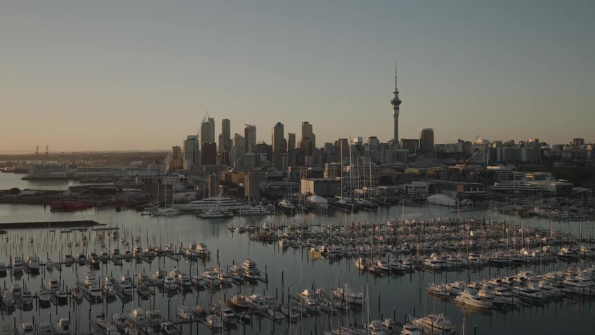 Aerial shot of a marina packed with boats set against a modern city skyline at sunset