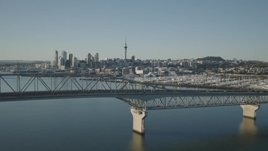 A large bridge spans a river near a marina on the coast of a city