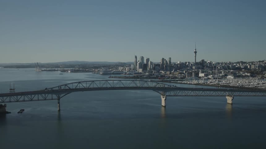 Traffic crosses a bridge located near the marina of a large city