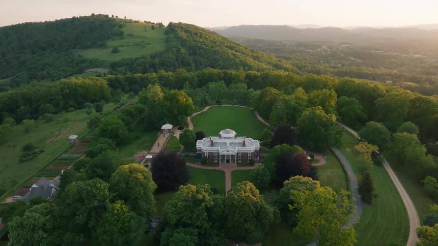 Monticello a palladianstyle mansion with white columns and a dome sits atop a verdant hill surrounded by trees and cultivated land under a soft clear sky