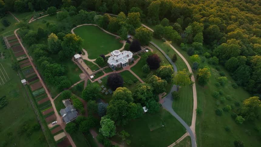 A castle building in the countryside surrounded by lush green vegetation and trees at midday
