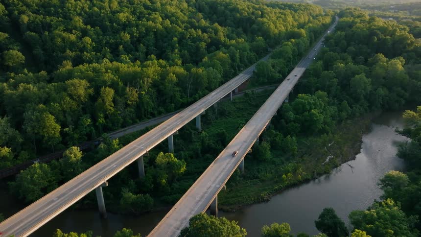 Aerial shot of a highway bridge cutting through a lush green forest with a river flowing below