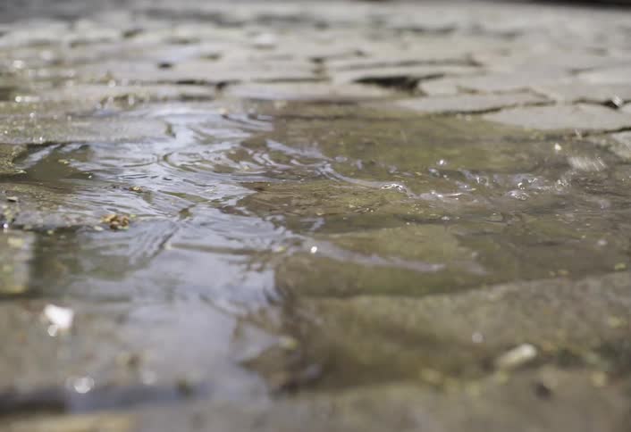 A lady wearing a shoe steps into a puddle of water on the road at midday