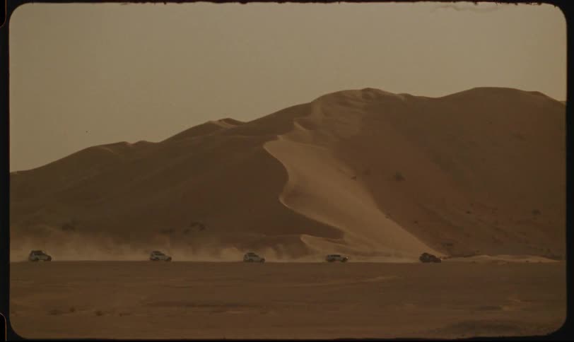 Line of vehicles drives across the desert creating a cloud of dust