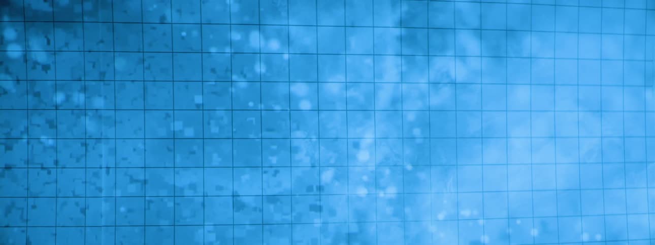 A face forms on a textured blue surface with a grid pattern is partially obscured by a darker pixelated gradient and scattered light blue squares