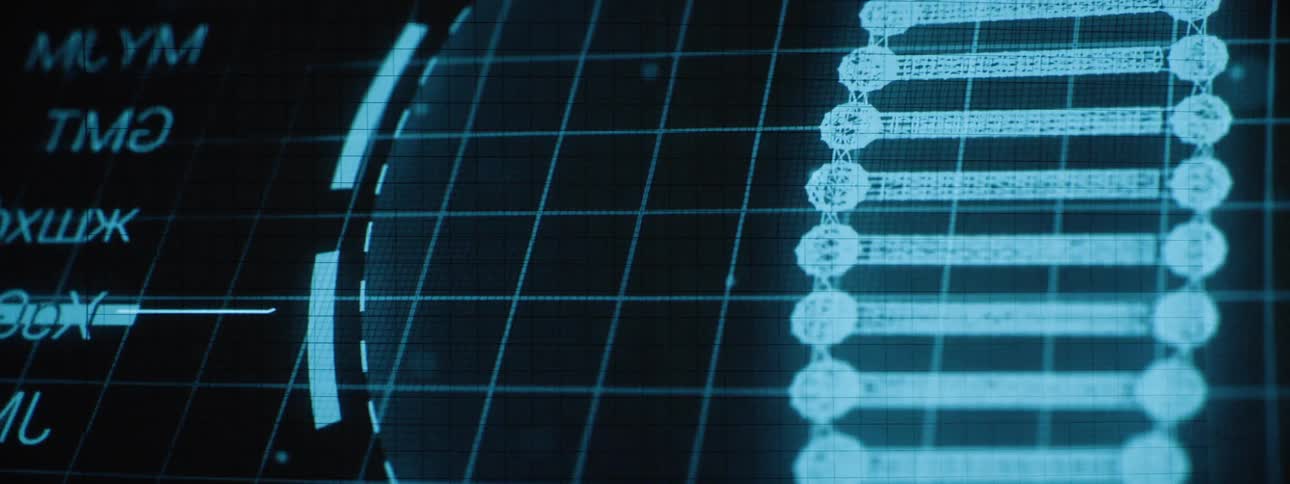 A stylized glowing blue dna double helix is displayed on a dark gridded electronic screen with other indistinct data visualizations