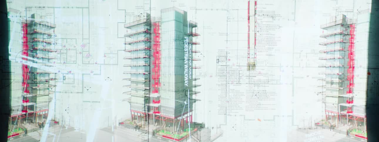 Architectural drawings of a multistory building displaying detailed floor plans elevation views structural sections and annotations including dimensions materials and room layouts across various levels