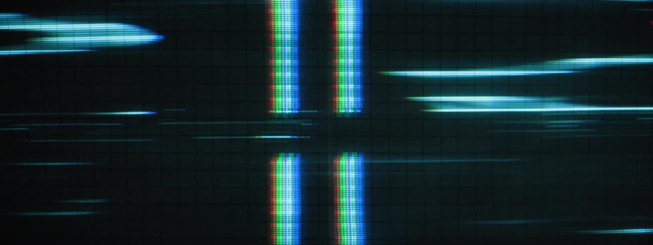 Bright blue intersecting lines of light form a network pattern against a dark pixelated background