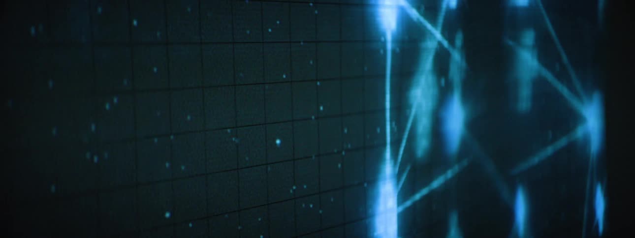 A dark gridded screen displays glowing blue stick figures connected by lines and dots illustrating a network or social connection concept