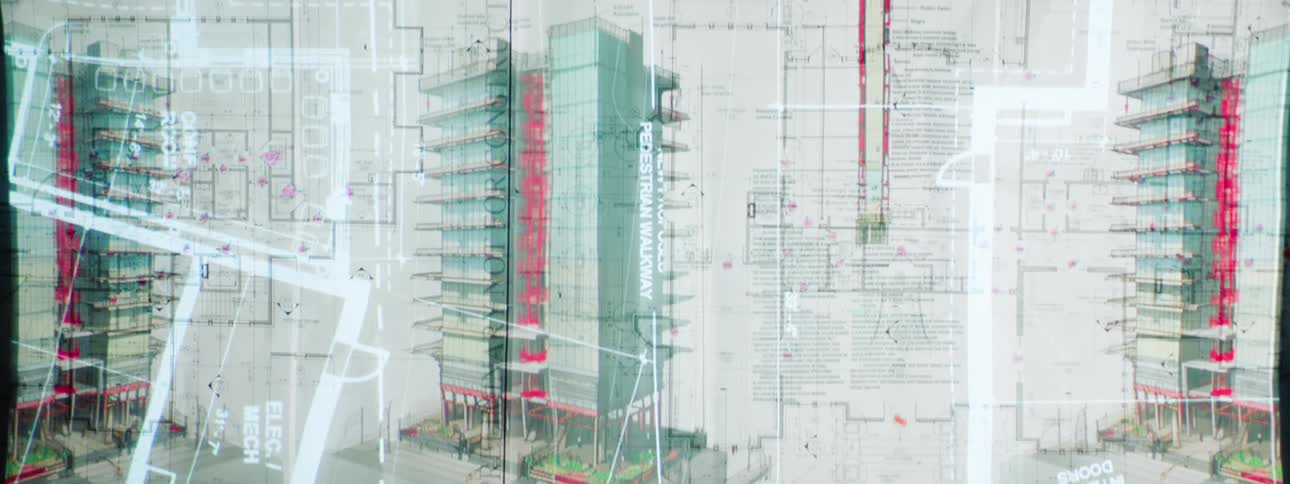 Architectural drawings and renderings of a modern highrise building with exposed structural elements and multiple floor plans are layered across the frame