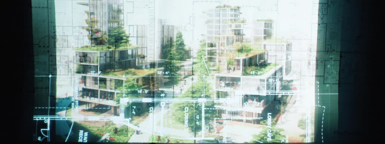 Architectural renderings of modern multistory buildings with integrated green spaces are layered over detailed floor plans and site layouts