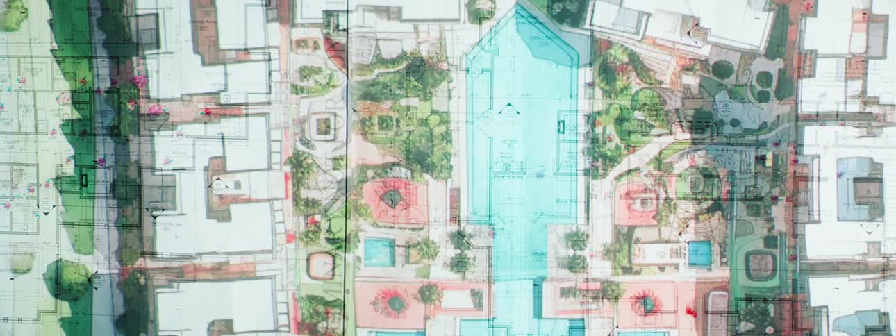 An architectural animation drawing of a resort featuring a large swimming pool in the center
