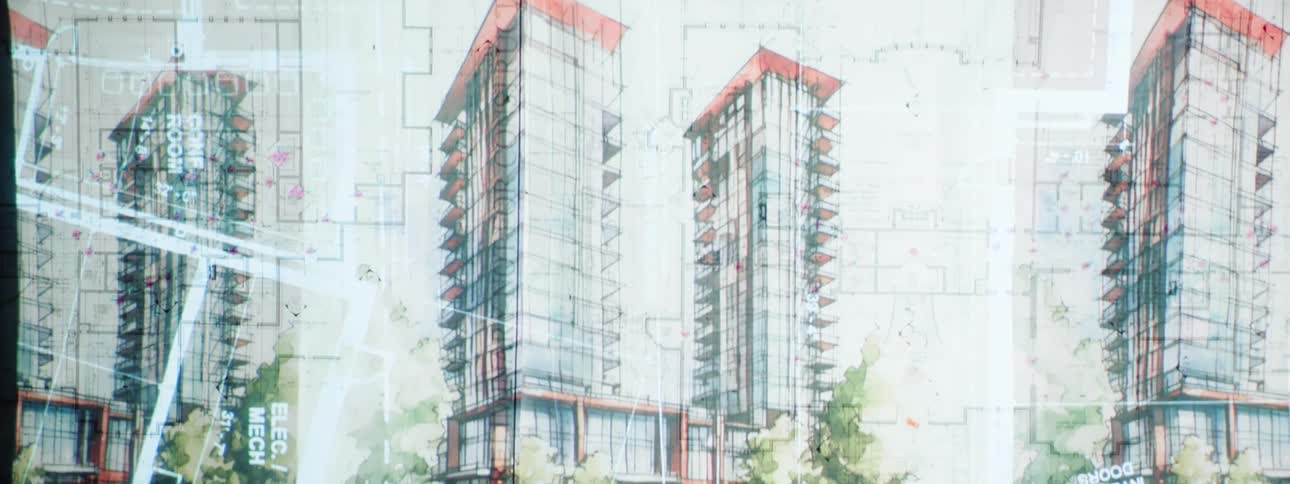 Architectural drawings and renderings of a modern highrise building with exposed structural elements and multiple floor plans are layered across the frame