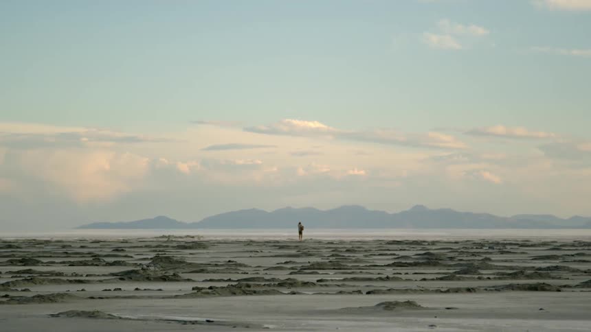 A lone person stands in the desert