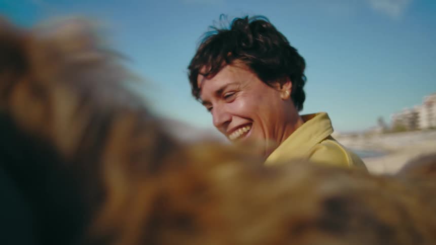 Women laugh and smile while petting two dogs on the beach on a sunny day