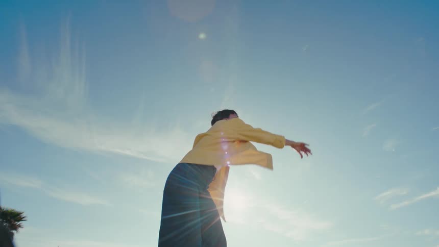 View looking up as a woman playfully throws a ball in the air in slow motion for her dog to fetch on a sunny day