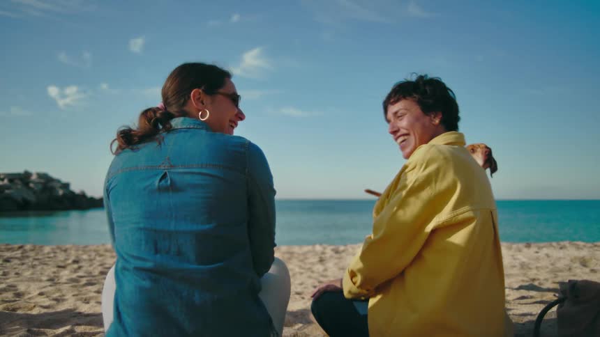 Two friends sitting on the sand at the beach talking and laughing with two dogs playing in the background