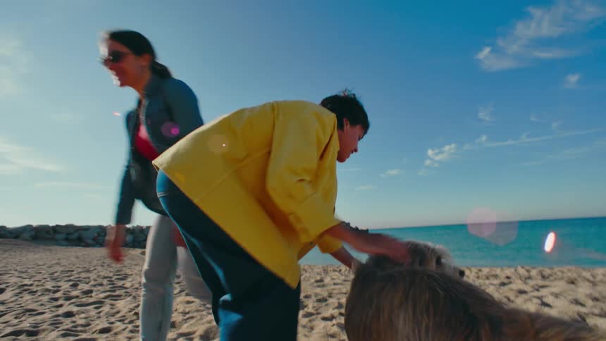 Female friends playing fetch with their dogs at the beach