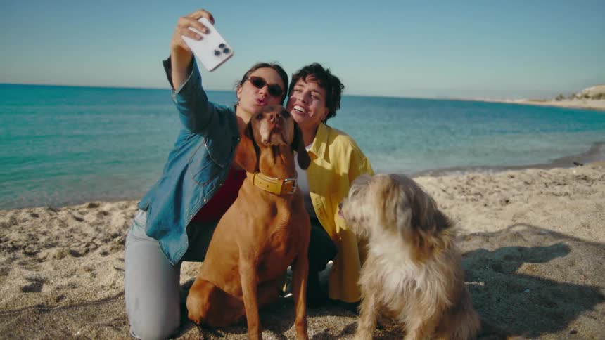 Two people with happy smiles are taking a selfie with their dogs on a sunny beach