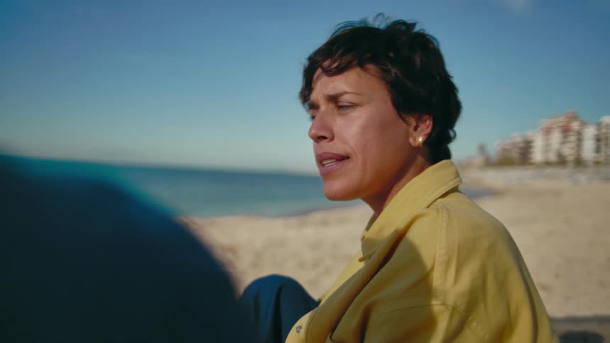 View from over someone's shoulder at a short-haired woman sitting in the sand at a beach with the blue sea in the background as she smiles broadly and chats with the person off screen and pets her dogs when they interrupt her for attention.
