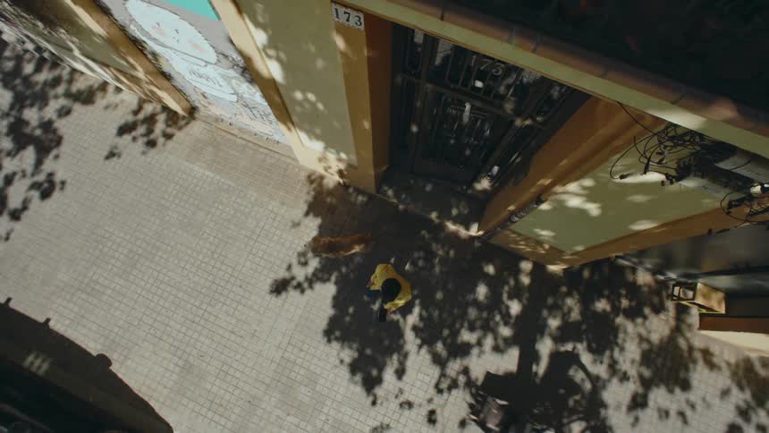 A woman exits her door to take her dog for a walk, and is suddenly pulled to the right as the dog excitedly runs in that direction and drags her along