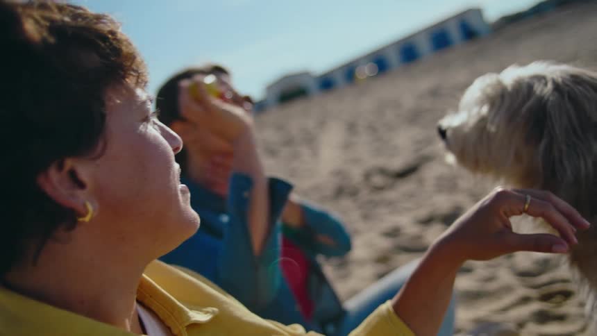 Two women sit on a sunny beach lovingly caring for their pet dogs