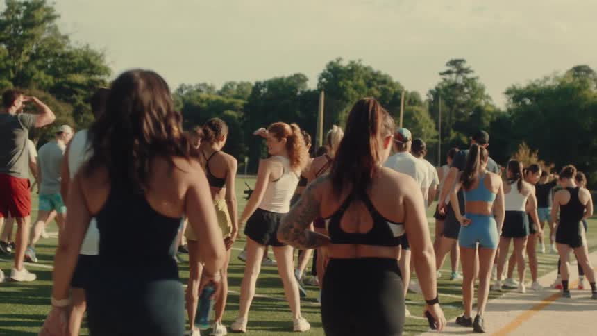 A small crowd of adults gather together on a field for a fitness session during the day