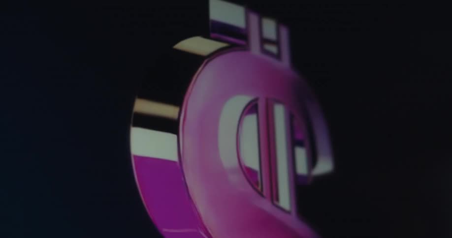 Animated dollar sign rotates and changes color against a black background