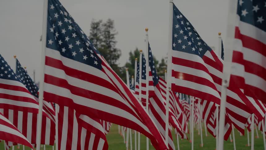 A tribute featuring numerous american flags arranged in rows on a large grassy plain waving back and forth in the wind on a cloudy day
