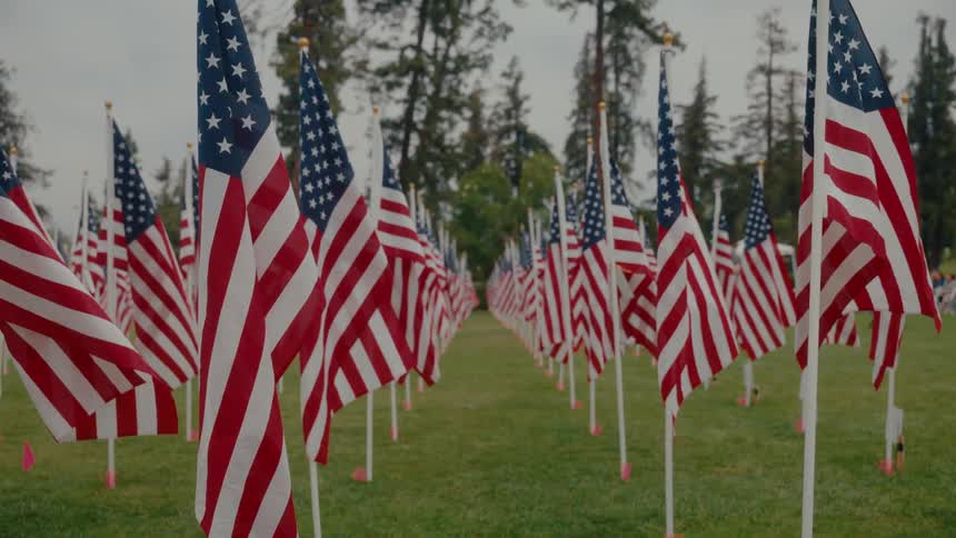 A tribute featuring numerous american flags arranged in rows on a large grassy plain