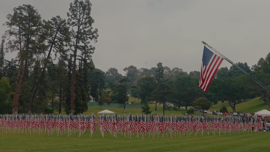 A field of american flags arranged in rows likely displayed in observance of memorial day