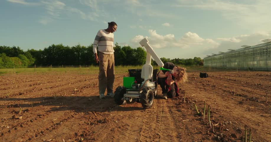 Two young adults are working with a small green and white agricultural robot in a field of asparagus under a partly cloudy sky near a large greenhouse