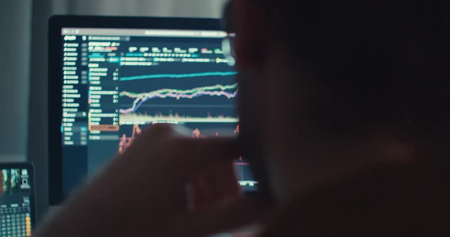 A person wearing glasses is seen from behind looking at a computer screen displaying various financial charts and data
